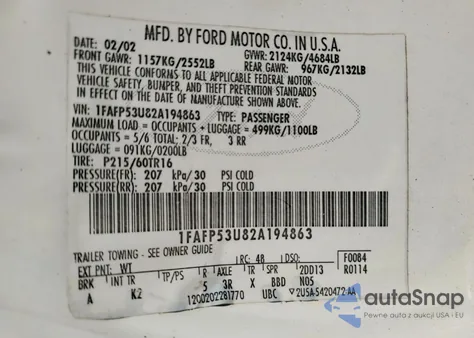 2002 Ford Taurus Se z USA, uszkodzony, nr VIN 1FAFP53U82A194863